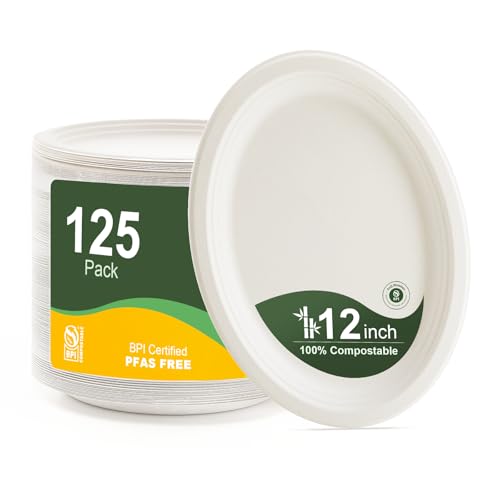 WELLIFE 12 Inch Compostable Paper Plates 125-Pack White Heavy Duty Eco-Friendly