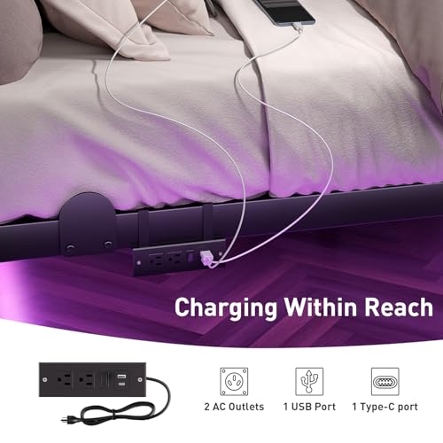 Floating Queen Bed Frame with LED RGB Lights & Charging Station - 14 Inch Modern Design