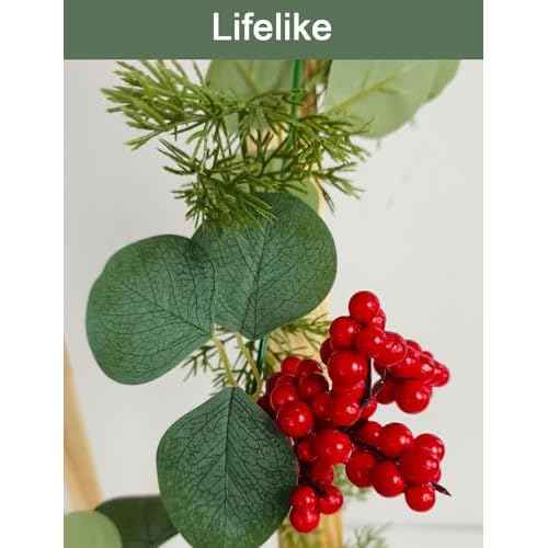 5.9 Feet Eucalyptus Leaves Red Berry Norfolk Pine Christmas Greenery Garland for Table, Mantle, Wall, Indoor, Outdoor Christmas Decorations