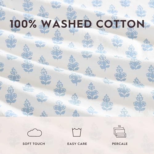 Full Size Floral Block Print Cotton Sheet Set with Deep Pocket Fitted Sheet - Francesca Blue