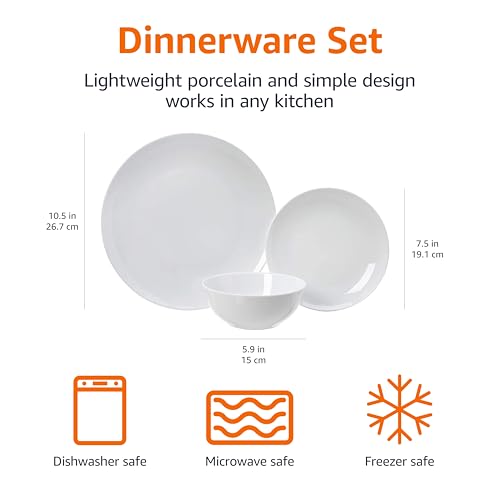 Amazon Basics 18-Piece White Porcelain Coupe Dinnerware Set for 6 - Microwave & Dishwasher Safe