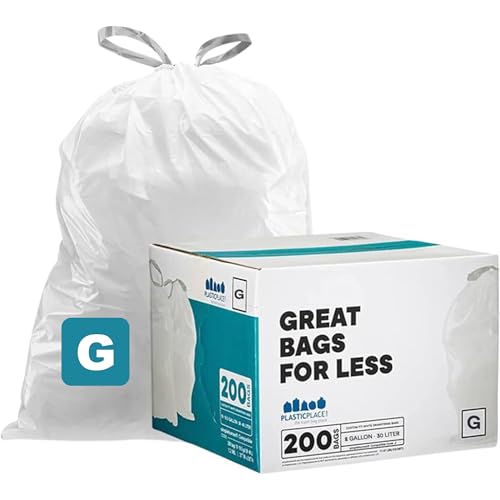 Plasticplace Custom Fit Trash Bags for simplehuman Code G - White, 200 Count, 8 Gallon