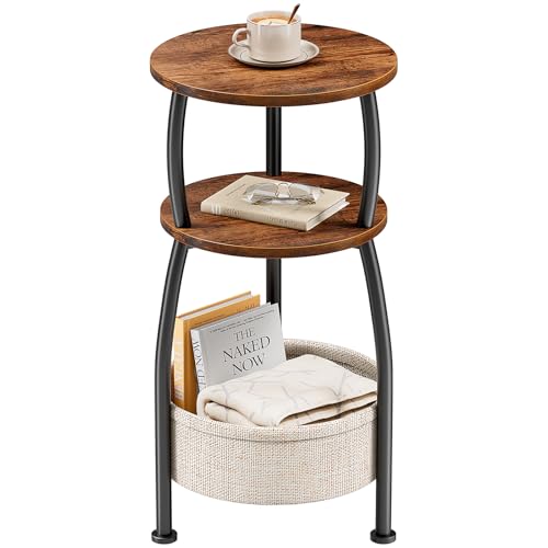 Yuede Rustic Brown 11.81in Round Side Table with Storage Basket - Small Space Organizer