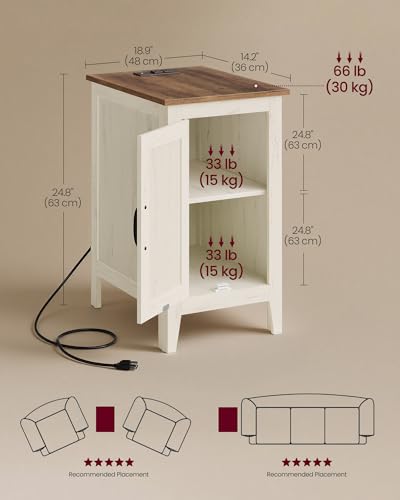VASAGLE Rustic White & Honey Brown Nightstand with Charging Station, 18.9"D x 14.2"W x 24.8"H