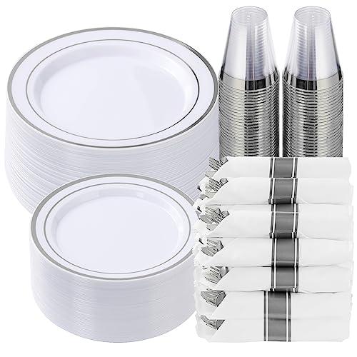 Silver Plastic Dinnerware Set for 50 Guests - 350 Pieces Party Supplies - Elegant & Durable