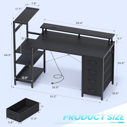 51-Inch Gaming Computer Desk with Drawers, Power Outlet & LED Lights - Black Variation