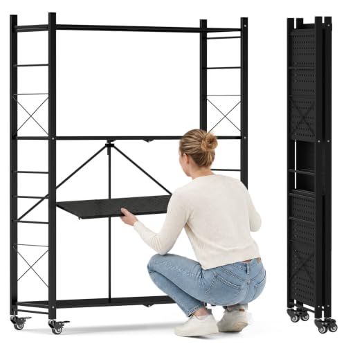 4-Tier Foldable Metal Storage Shelves with Wheels - Large Capacity Organizer, Black Plus