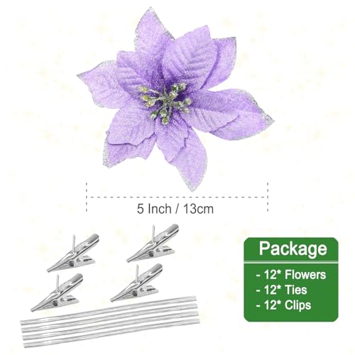 12Pcs 5 Inch Glitter Artificial Poinsettia Flowers with Ties for Wedding Christmas Festival Holiday Decor Xmas Wreath Garland Ornament Purple