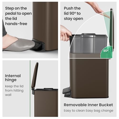 Small Bathroom Trash Can with Lid - 1.6 Gallon, Soft Close, Brown