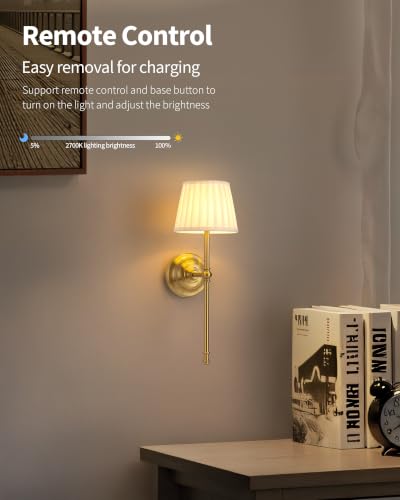 KDG Gold Cordless Wall Sconces Set of 2 with Beige Fabric Shades, Dimmable LED Wall Lamps