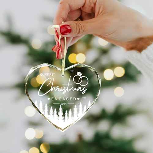 Engagement Gifts for Couples Christmas Crystals Ornaments 2024 Newly Engaged Keepsake Heart Glass with Gift Box for Women, Our First Christmas Engaged