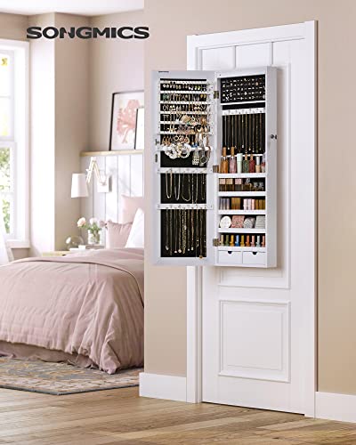White 42.5-Inch Jewelry Cabinet Armoire with LED Lights, Wall or Door Mountable