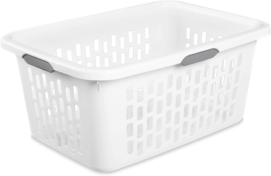 Skiennix Large Plastic Laundry Basket - Rectangle Clothes Hamper with Grip Handles | 2 Bushel Capacity, White