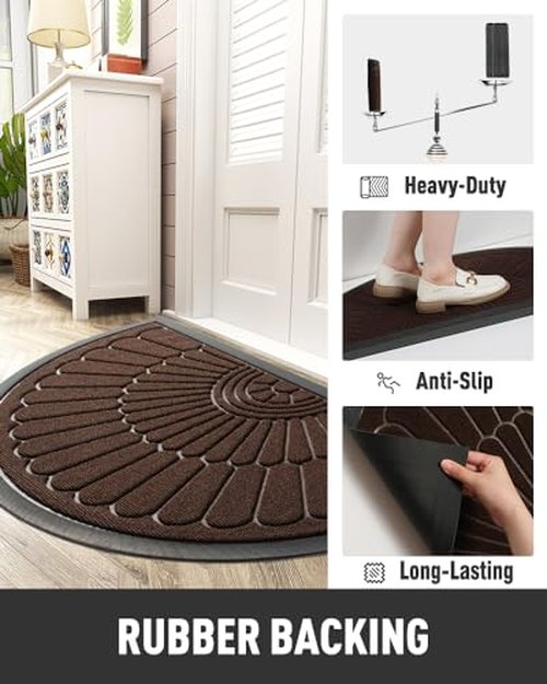 Door Mat Outdoor Indoor Entrance Doormat-Semicircular Durable Rubber Non Slip Front Door Mat for Outside Inside Entry Entryway Dirt Trapper WelcomeMat for Muddy Paws and Shoes-Brown 24”x47”