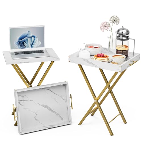 White Folding TV Tray Tables Set of 2 - Portable Side & Snack Tables