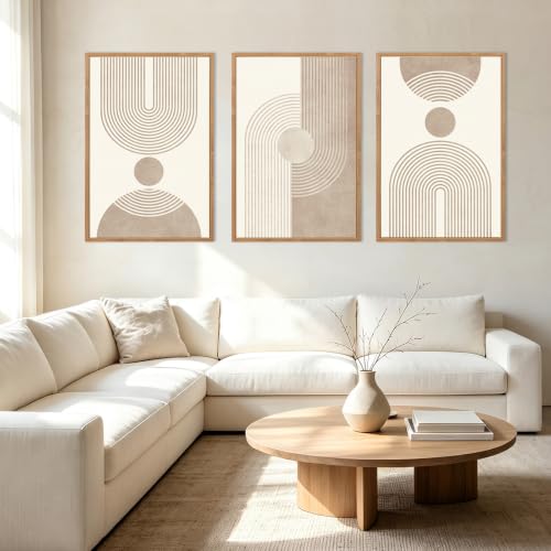 BINCUE Beige Neutral Geometric Canvas Wall Art Set of 3 16x24 Inches Mid-Century Modern Decor