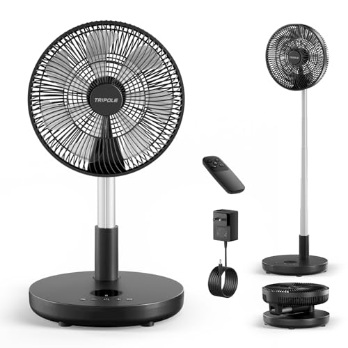 TriPole Foldable Standing Fan 12" Portable Rechargeable Quiet Fans, 6