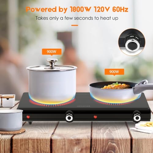 Infrared Double Burner Electric Cooktop 20x12x3.8inch, 1800W Portable Stove for Dorm & Kitchen