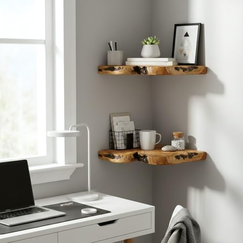 Live Edge Cedar Corner Shelves Set of 2 - Floating Wall Storage for Home & Office