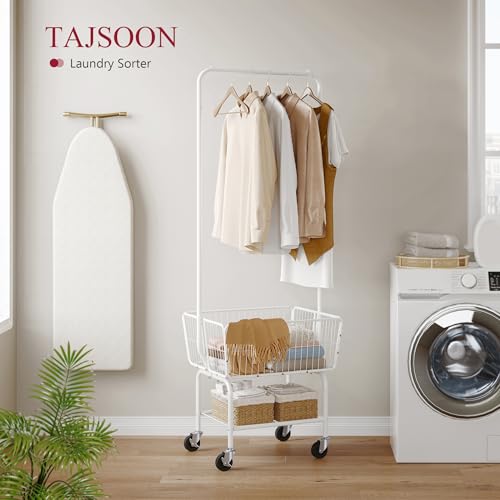 White Rolling Laundry Cart with Hanging Rack & Storage Basket - Multi-Functional Organizer