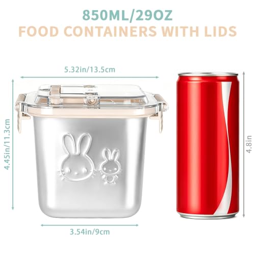 Stainless Steel Lunch Box Set with Handle Lids - 4 Pack, Leakproof, 850ml, Reusable Food Containers with Rabbit Print