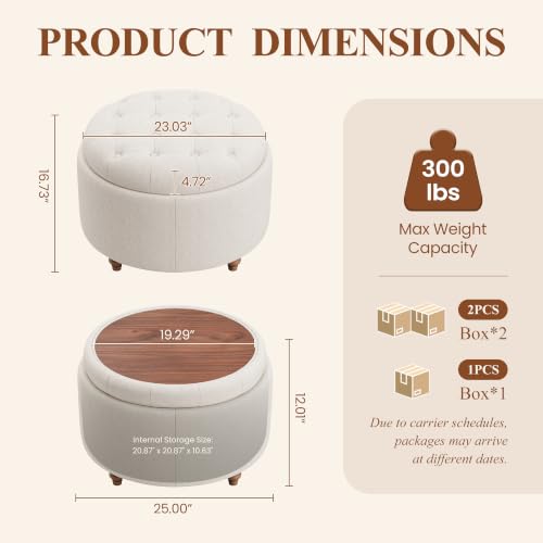 25" Round Ottoman with Storage, Small Coffee Table Reversible Tray Lid