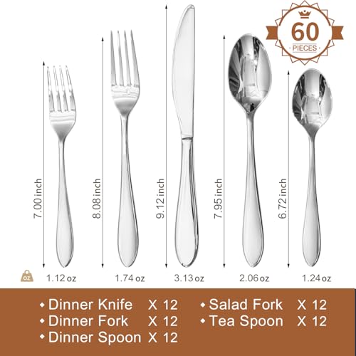 Silverware Set for 12 - 60 Pieces Stainless Steel Flatware with Mirror Finish - Variation of 60-Piece / Silver