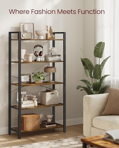 VASAGLE Rustic Brown & Black 5-Tier Bookshelf with Shelves, No Back Panel, 11.8D x 31.5W