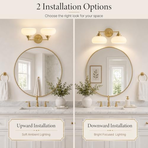 Vintage Milk Glass Wall Sconce - 2 Lights Antique Brass Bathroom Vanity Light - Antique Brass Variation