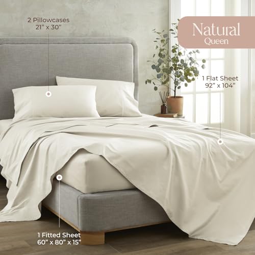 Queen Organic Cotton Bed Sheets Set - Natural, Deep Pocket, 4 Piece