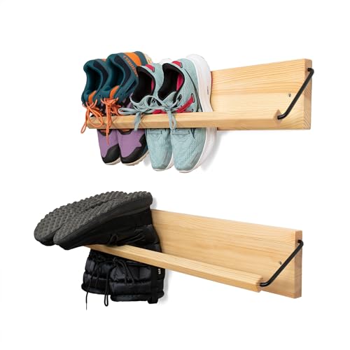Wall Mounted Shoe Rack - 30-Inch Wide Wooden Slim Shoe Organizer Pack of 2