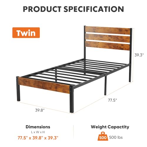 Sweetcrispy Twin Sturdy Wood Bed Frame with Headboard, 500LBS Heavy