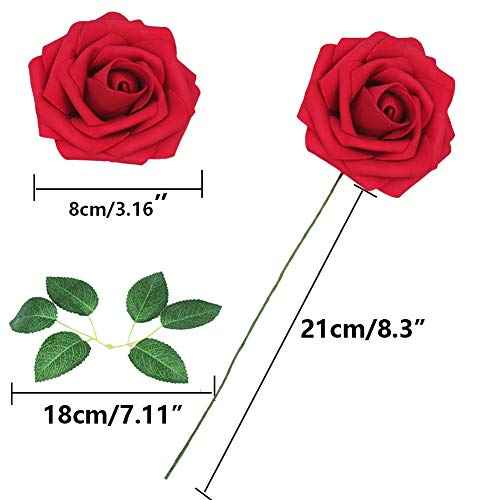 Artificial Flowers 25pcs Dark Red Roses Real Looking Foam Rose Fake Flowers with Stem/Leaves for DIY Wedding Bouquets Centerpieces Floral Arrangments Home Party Christmas Tree Decorations