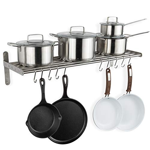 Stainless Steel Wall Mount Pot Rack with 10 Hooks for Kitchen Organization
