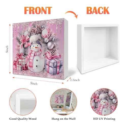 Pink Christmas Wooden Sign - Coquette Christmas Snowman Wooden Box Sign,Preppy Snowman Wooden Box Sign Christmas Desk Decor For Bedroom Living Room House Decorations,5x5 Inch