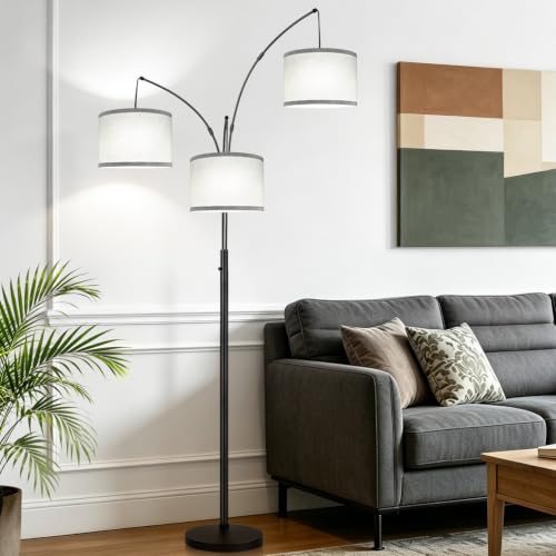 Nintiue Matte Black Arc Floor Lamp with Grey Linen Shades, 3 Lights, Dimmable 3000LM LED Bulbs, Heavy Base, Modern Tall Standing Tree Lamp for Living Room & Bedroom