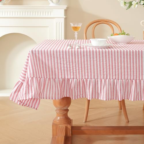 Meioro Red Striped Ruffled Tablecloth 86x55 Inch Cotton Blend Holiday Dining