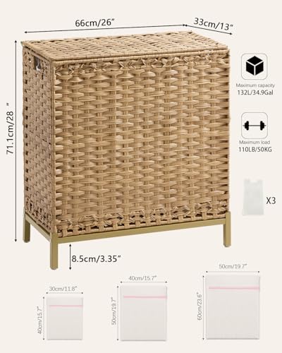 SETVSON 35 Gal Laundry Hamper with Lid, 3-Bag Clothes Sorter, Natural Rattan Finish