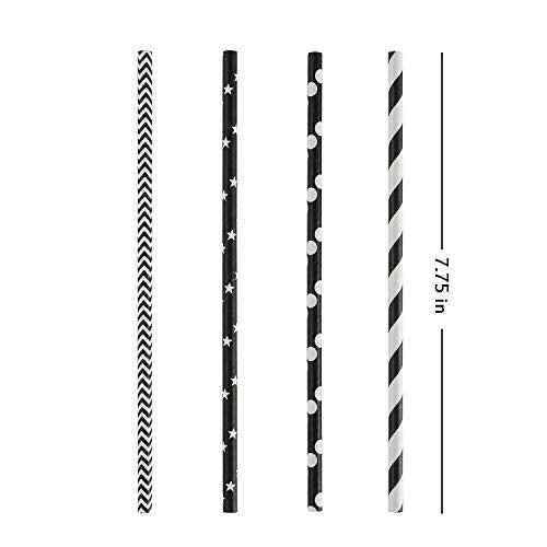 ALINK Biodegradable Black Paper Straws, 100 Stars/Dots/Stripes/Waves Drinking Straws for Halloween, Birthday, Wedding, Bridal/Baby Shower and Christmas Decorations