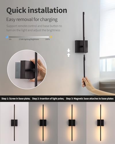 Black 23.6-Inch Cordless LED Wall Sconce Set of 2 - Touch Dimmable Modern Wall Lamps with Remote