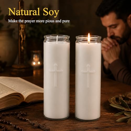 White 7-Day Soy Prayer Candles in Glass - 12 Pack, Unscented, 150-Hour Burn Time, Large Devotional Pillar for Religious Use - Variation of White / 12PCS