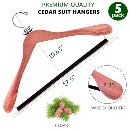 5 Pack Cedar Wood Suit Coat Hangers with Extra Wide Shoulders & Swivel Hook
