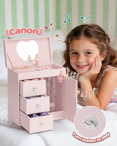 VLANDO Light Pink 4-Layer Musical Jewelry Box with 3 Drawers & Necklace Hook