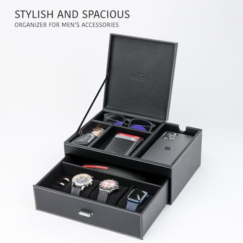 KALETY Black Mens Jewelry Box Organizer & Dresser Valet Tray