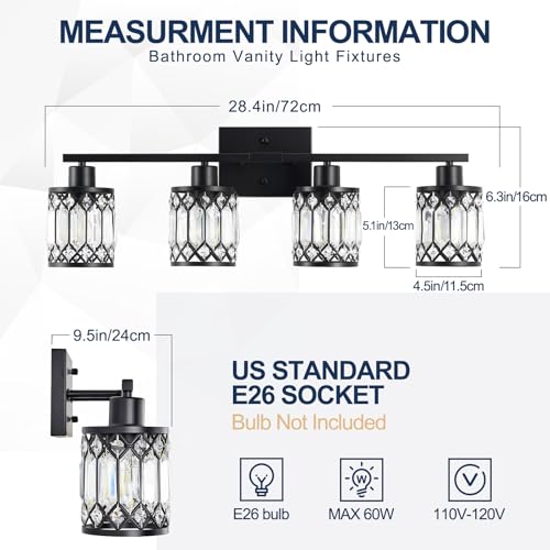 Black Modern Crystal Bathroom Vanity Wall Light 4-Light Fixture with E26 Socket