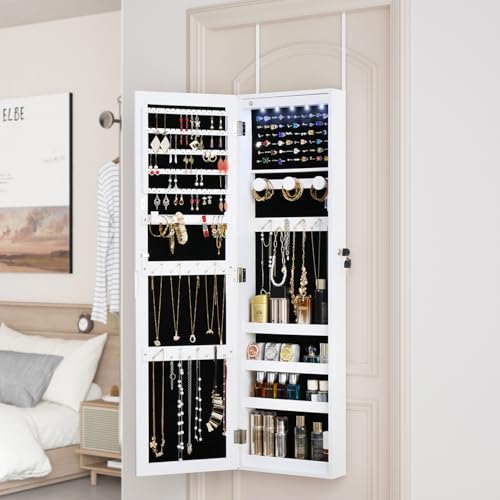 White Full Length Mirror Jewelry Cabinet Organizer with Lock & LED Lights - Off White, 43.3x12.4 Inches