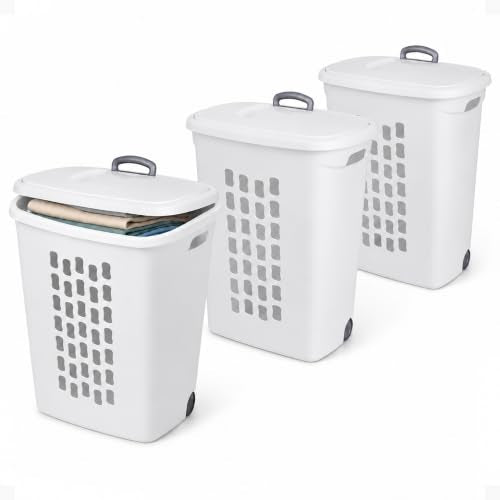Sterilite 3-Pack Ultra Wheeled Laundry Hamper with Flip-Top Lid, White