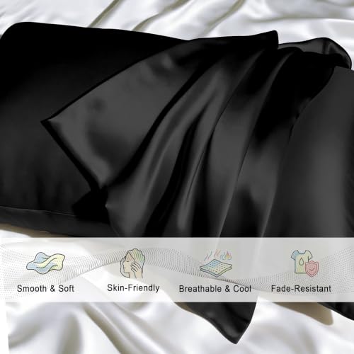 Mulberry Silk Pillowcases Set of 2 King Size 20x36 Black - Hidden Zipper, Organic Silk for Hair & Skin