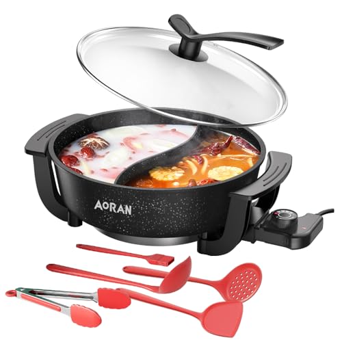 AORAN 6.4 Quart Electric Hot Pot with Divider, Non-Stick Smokeless Cooking Set
