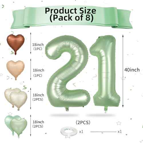 Biapian 40 Inch Sage Green Number 21 Balloons, Large Foil Number 2 & 1 Balloons with 18'' Olive Green Heart Balloon for 21st Year Old Birthday Decorations Men Women Anniversary Jungle Party Supplies